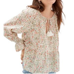 American Eagle Floral Peasant Blouse – Tassel Tie, Smocked Ruffle Cuffs, Size S